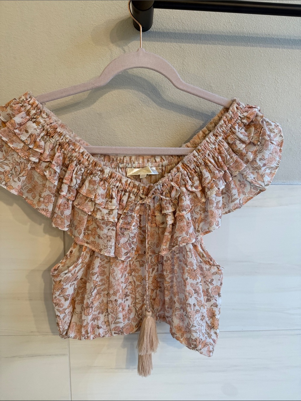 LoveShackFancy Pink and Tan Floral Ruffle Off-Shoulder Crop Top